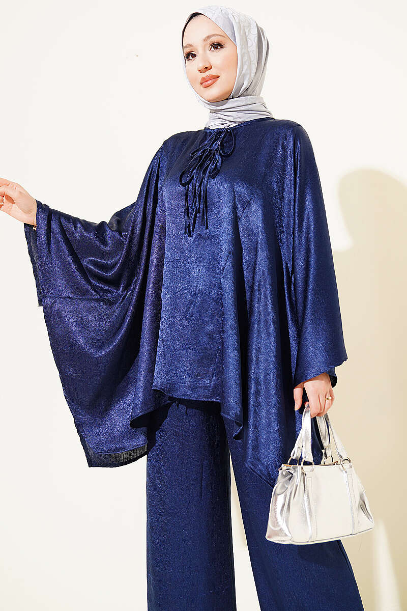Yarasa Kol V Yaka Saten İkili Takım Lacivert