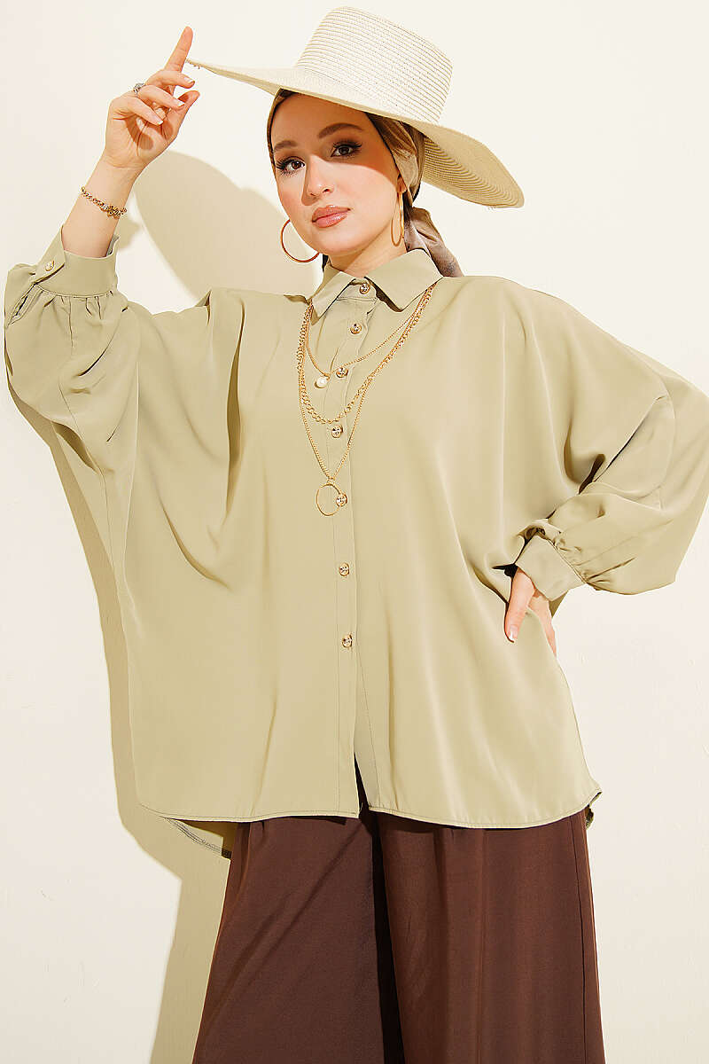 Yarasa Kollu Oversize Gömlek Çağla Yeşili