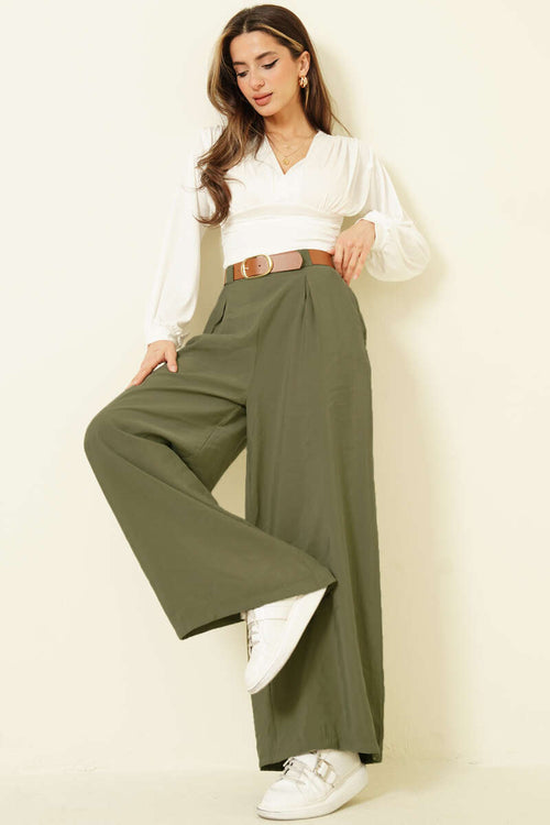 Yarım Bel Lastikli Salaş Tensel Pantolon Haki