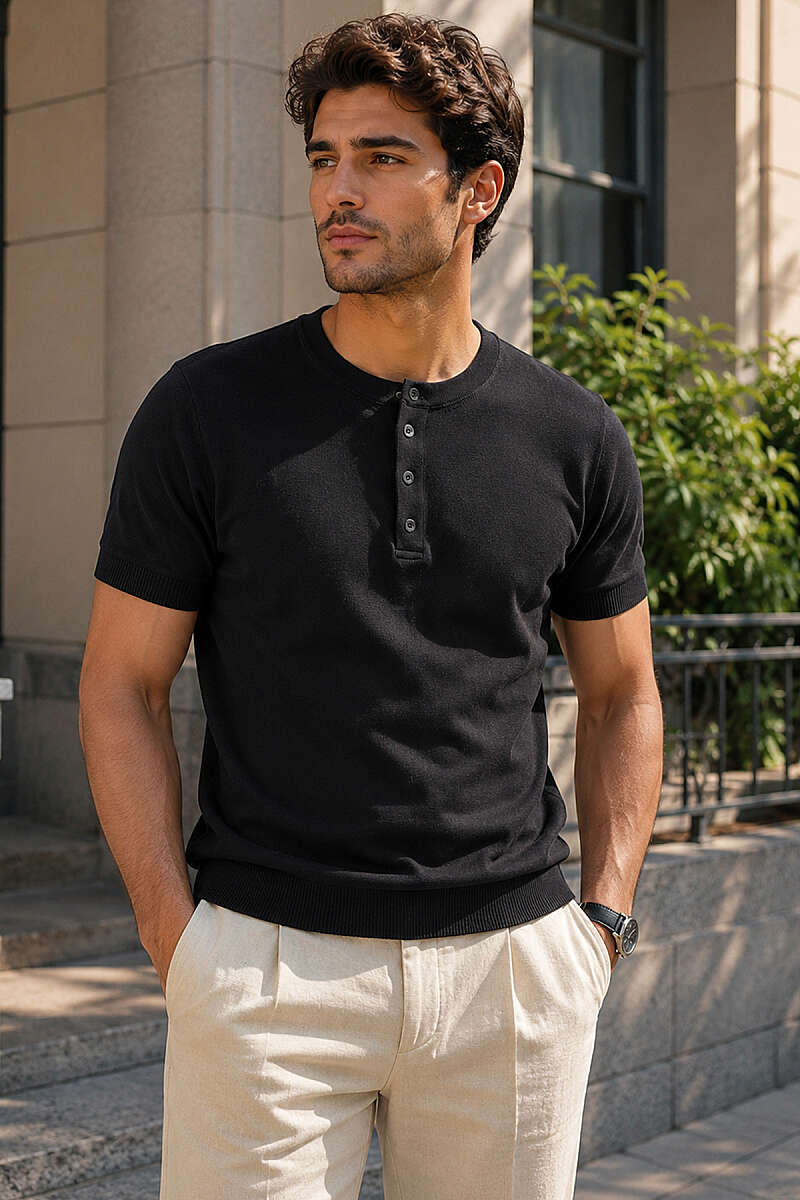 Yarım Düğmeli Triko Erkek T-shirt Siyah