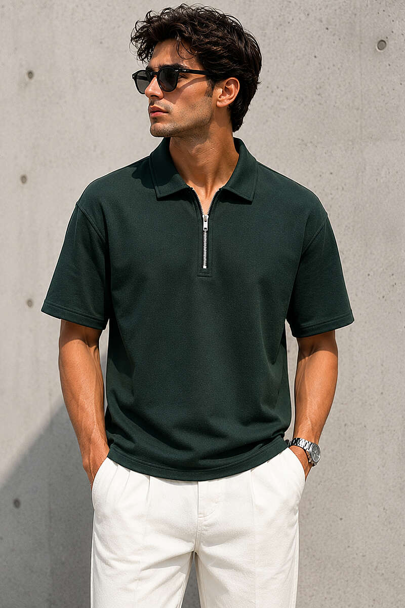 Yarım Fermuarlı Polo Yaka Erkek T-shirt Nefti