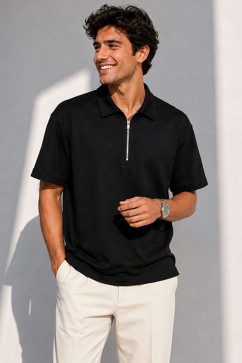 Yarım Fermuarlı Polo Yaka Erkek T-shirt Siyah