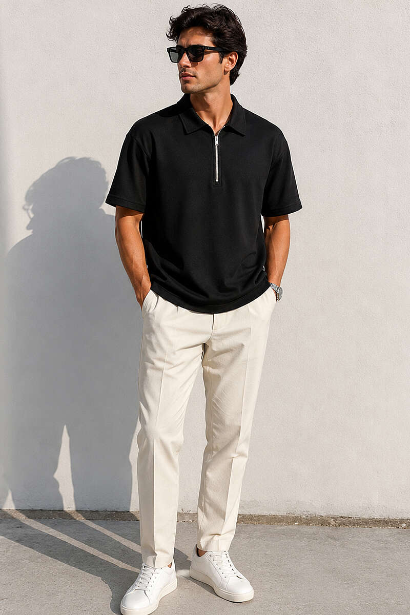 Yarım Fermuarlı Polo Yaka Erkek T-shirt Siyah