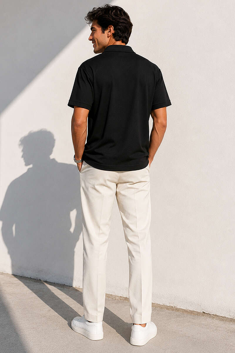 Yarım Fermuarlı Polo Yaka Erkek T-shirt Siyah