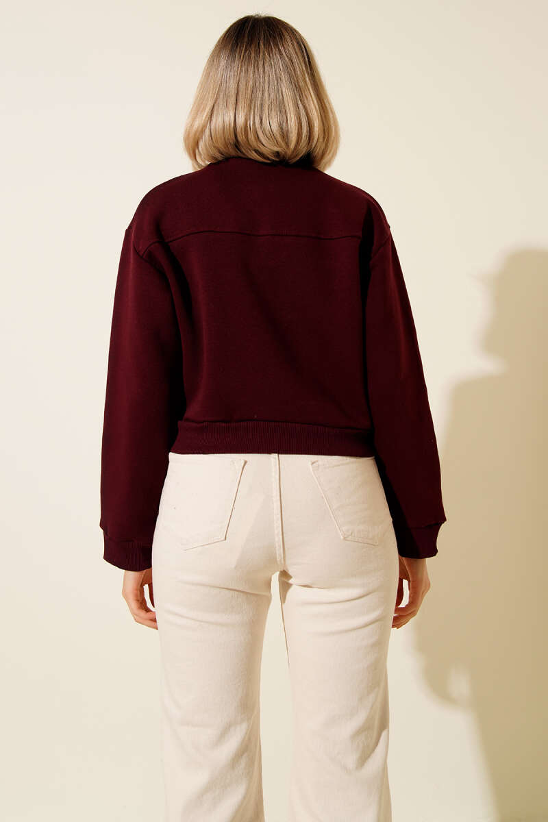 Yarım Fermuarlı Şardonlu Kısa Sweatshirt