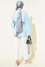 Yarım Gizli Düğmeli Kuşaklı Gömlek Mavi