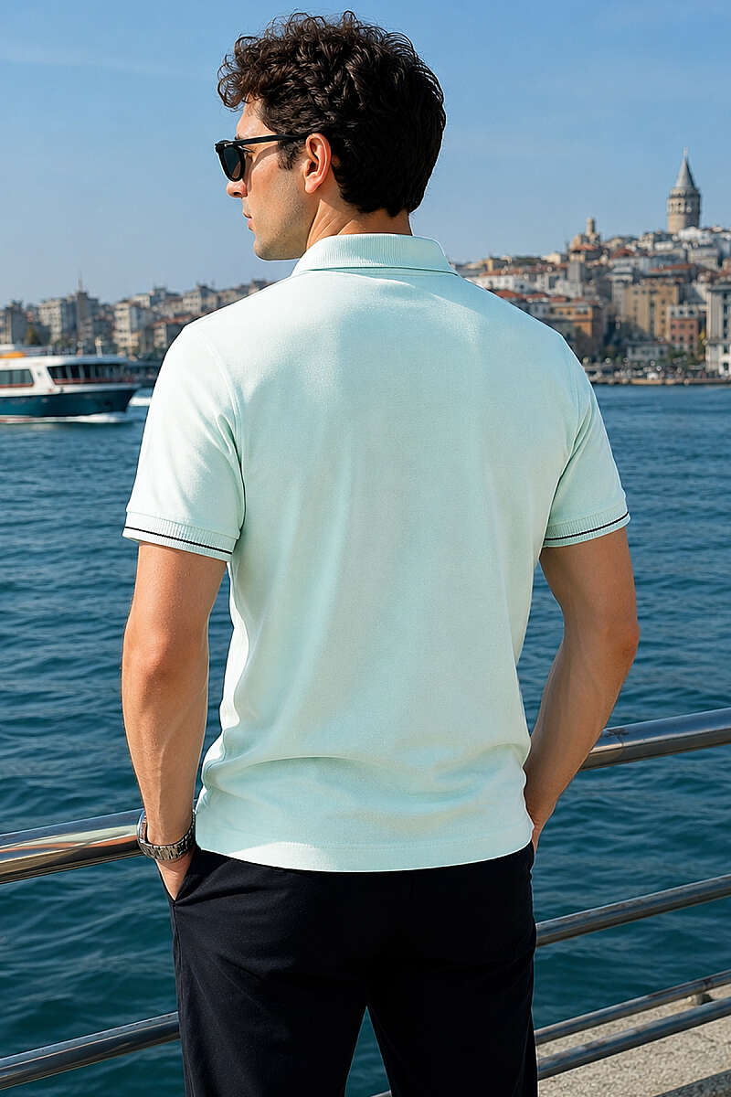 Yarım Gizli Fermuarlı Erkek T-shirt Su Yeşili