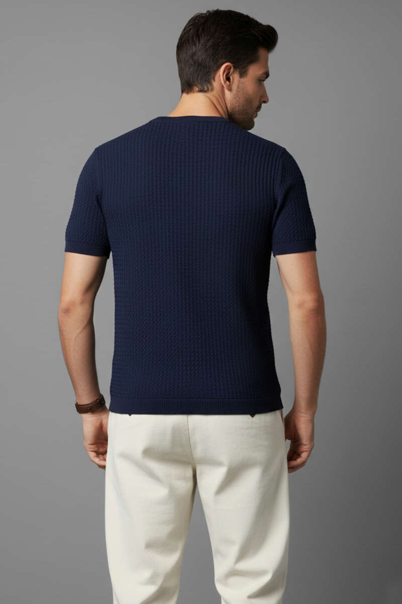 Yarım Patlı Erkek Triko T-shirt Lacivert