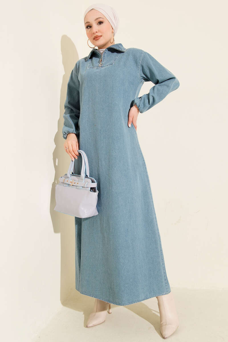 Yarım Yaka Fermuarlı Denim Elbise Açık Mavi