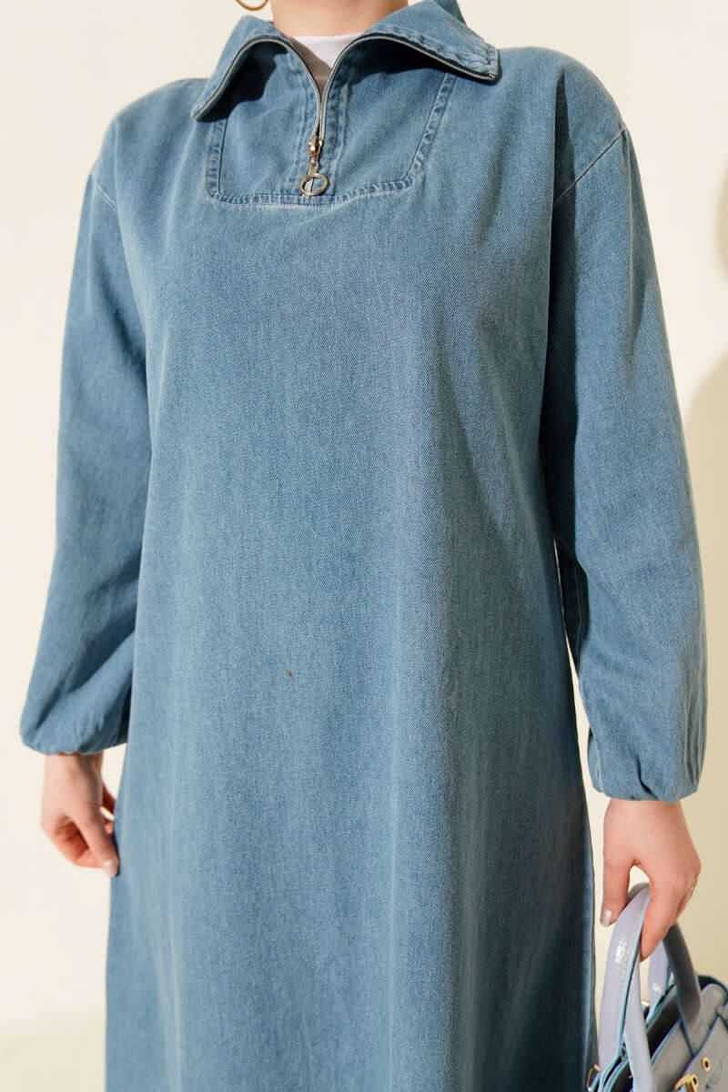 Yarım Yaka Fermuarlı Denim Elbise Açık Mavi