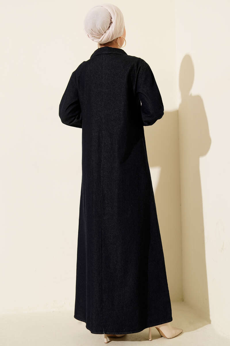 Yarım Yaka Fermuarlı Denim Elbise