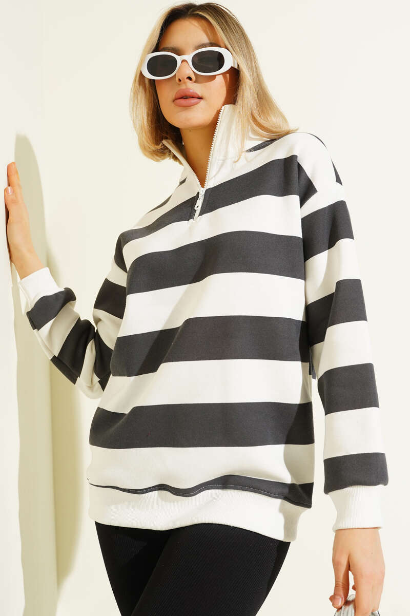 Yatay Çizgili Fermuarlı Üç İplik Sweatshirt Füme