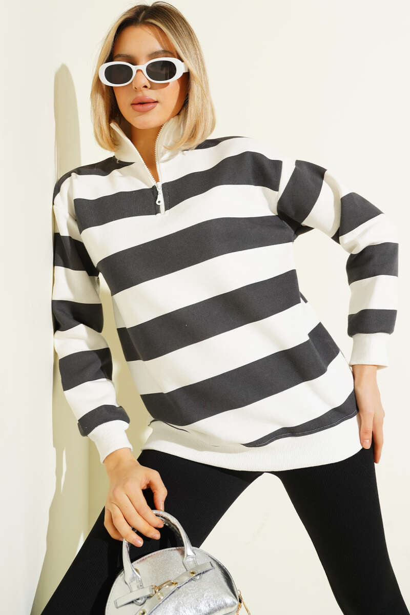 Yatay Çizgili Fermuarlı Üç İplik Sweatshirt Füme