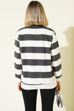 Yatay Çizgili Fermuarlı Üç İplik Sweatshirt Füme