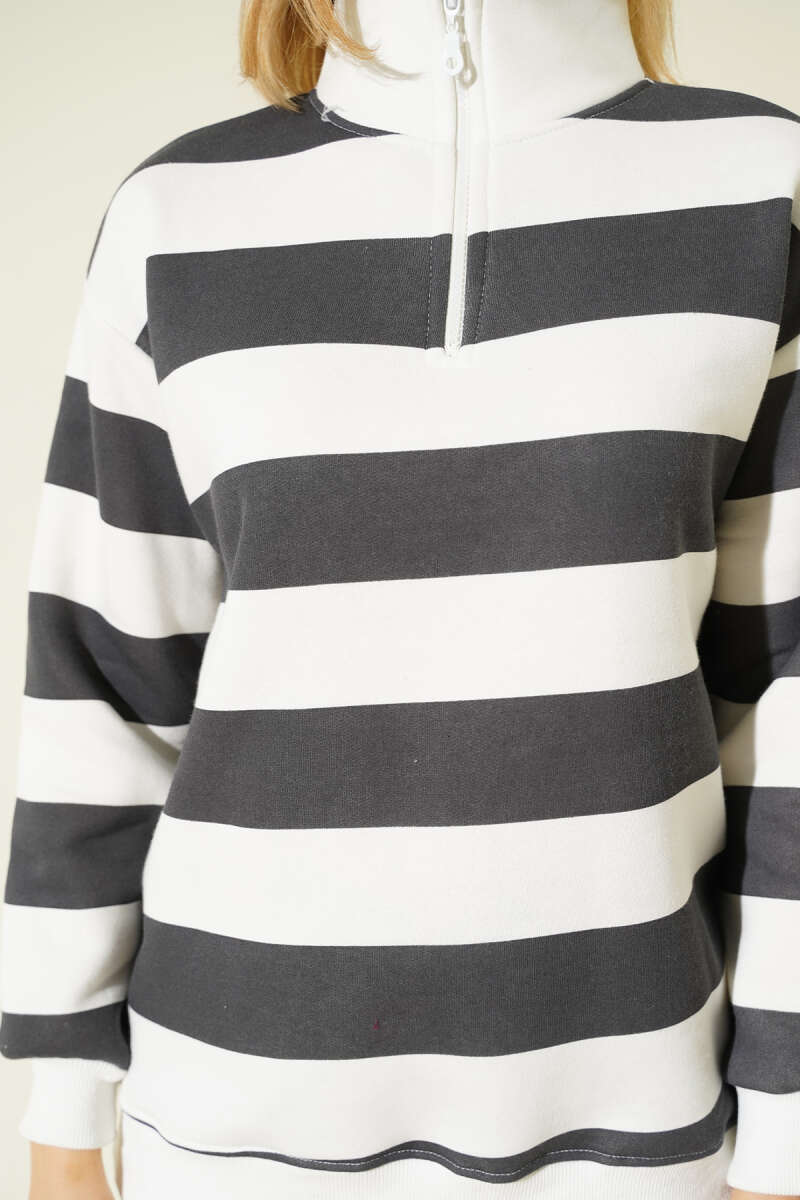 Yatay Çizgili Fermuarlı Üç İplik Sweatshirt Füme