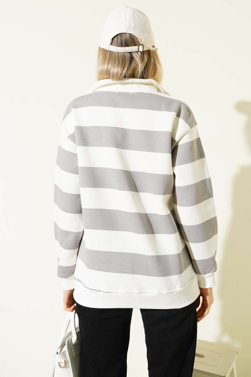Yatay Çizgili Fermuarlı Üç İplik Sweatshirt