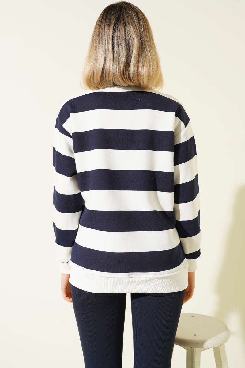 Yatay Çizgili Fermuarlı Üç İplik Sweatshirt Lacivert