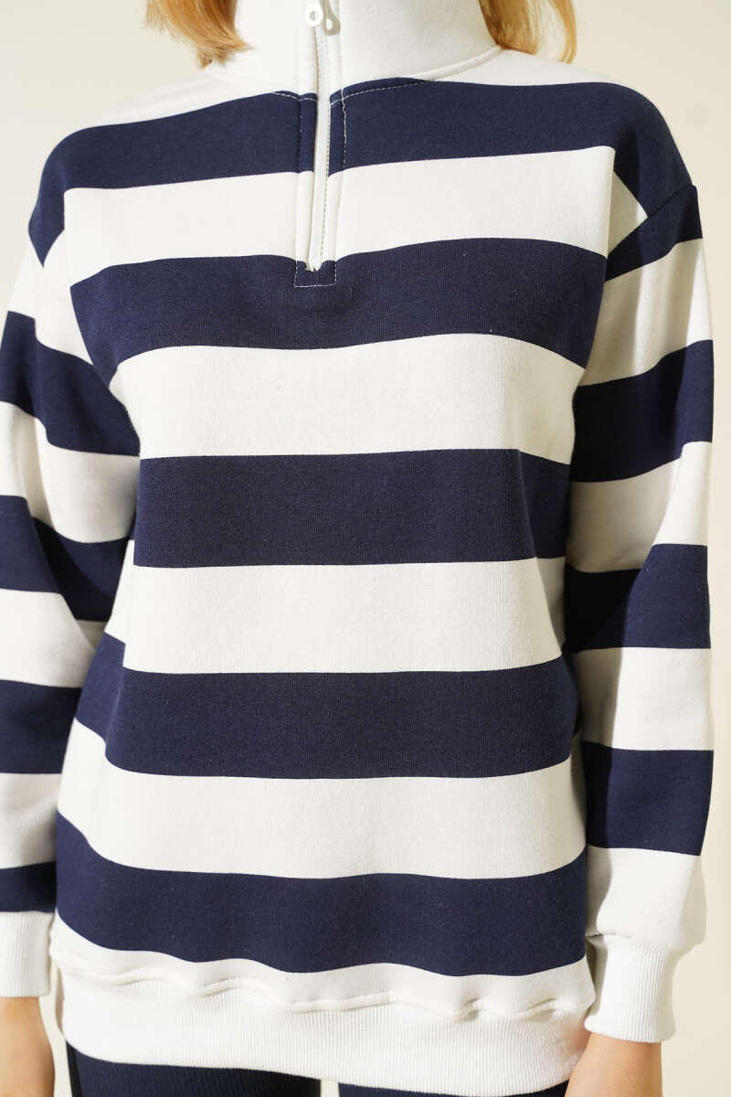 Yatay Çizgili Fermuarlı Üç İplik Sweatshirt Lacivert