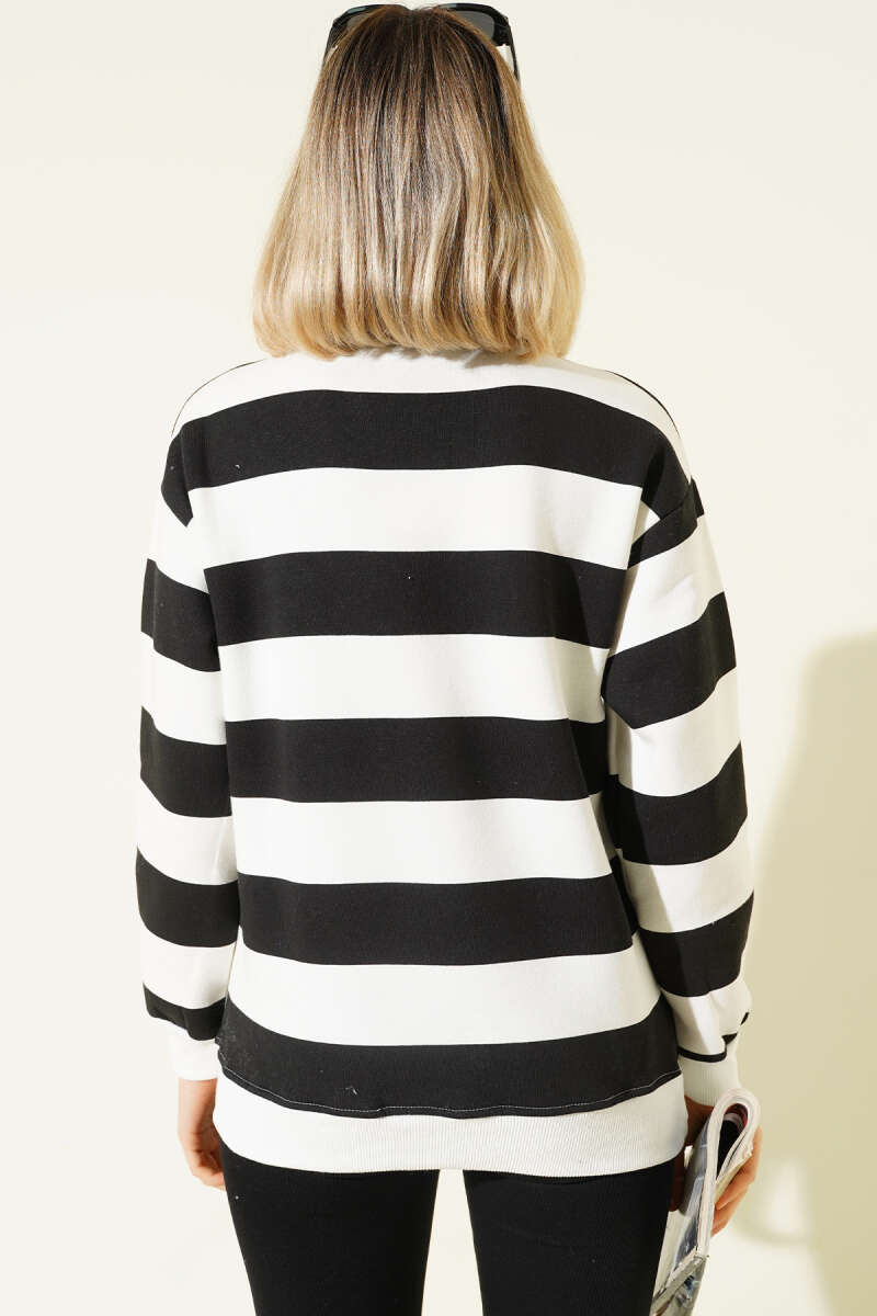 Yatay Çizgili Fermuarlı Üç İplik Sweatshirt