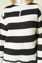 Yatay Çizgili Fermuarlı Üç İplik Sweatshirt