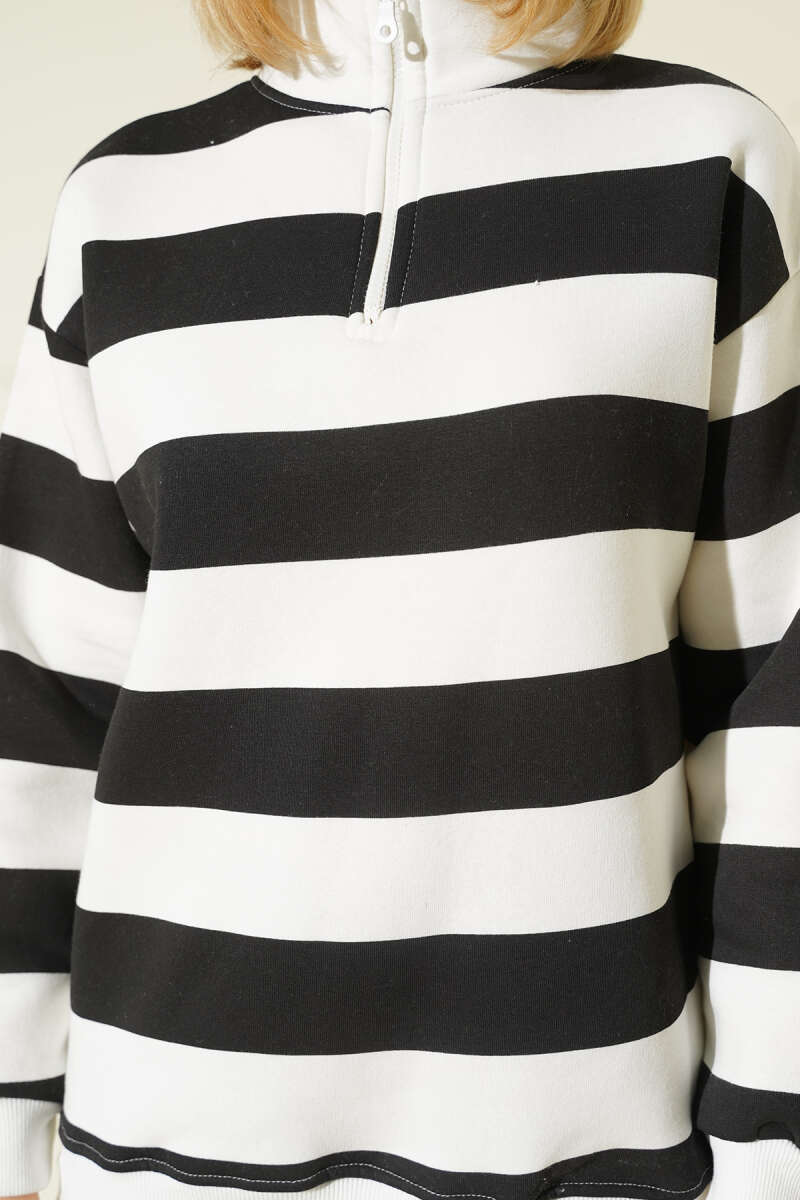 Yatay Çizgili Fermuarlı Üç İplik Sweatshirt