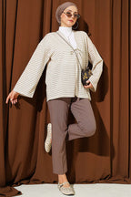 Yatay Çizili Bağcıklı Kimono