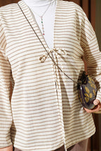 Yatay Çizili Bağcıklı Kimono