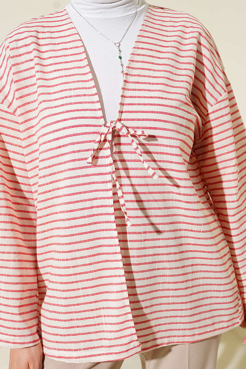 Yatay Çizili Bağcıklı Kimono Kırmızı