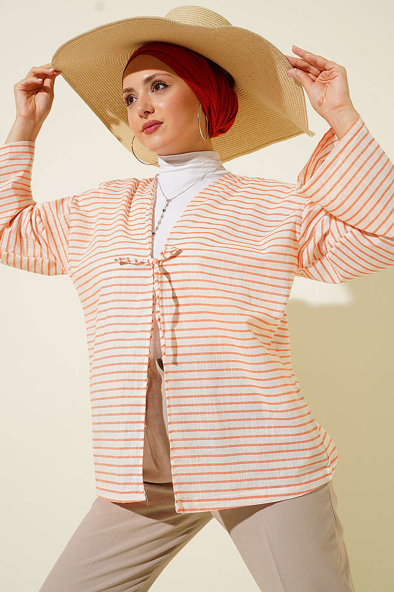 Yatay Çizili Bağcıklı Kimono