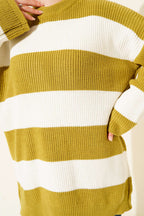 Yatay Kalın Çizgili Triko Tunik Yağ Yeşili