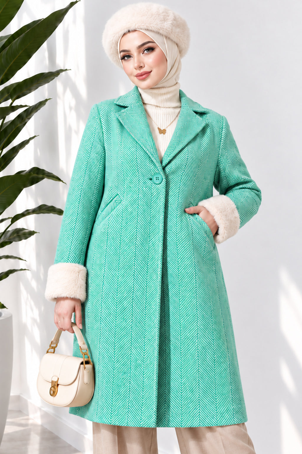 Mustard Collar Plush Zigzag Pattern Coat