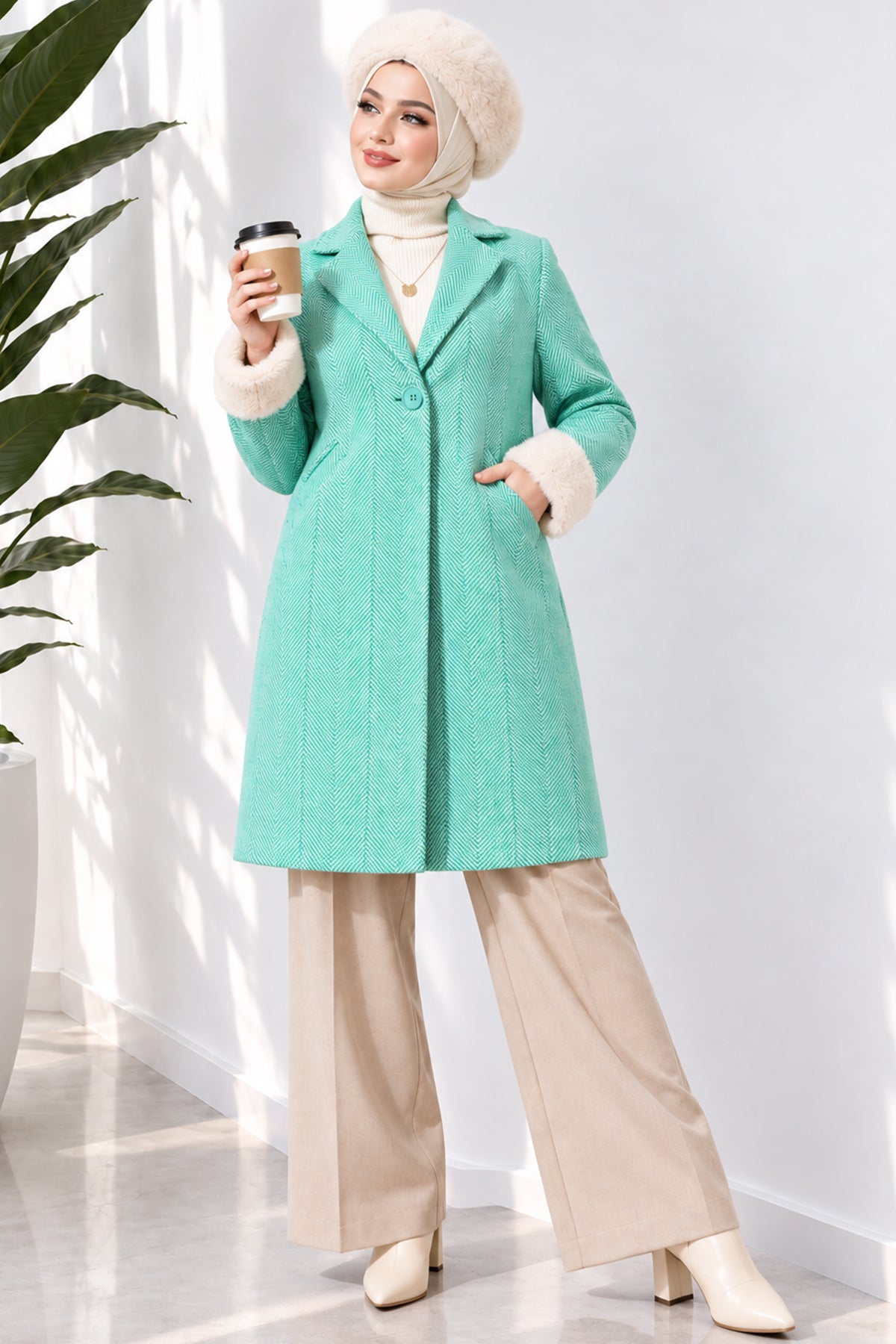 Mustard Collar Plush Zigzag Pattern Coat
