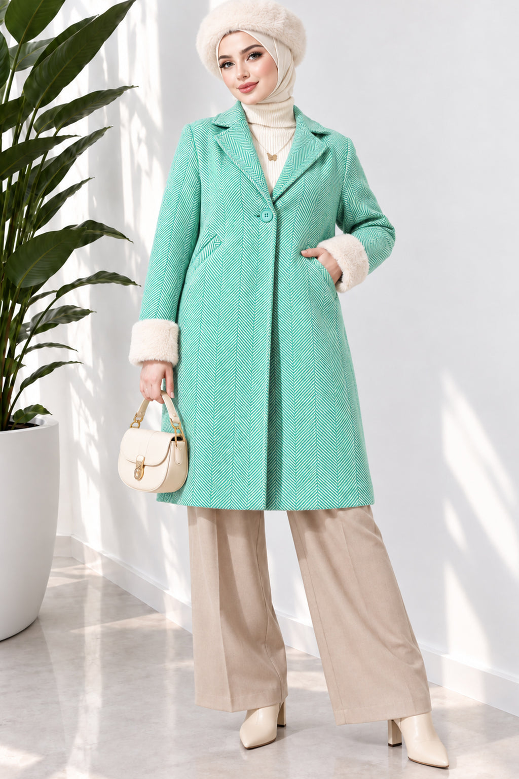 Mustard Collar Plush Zigzag Pattern Coat
