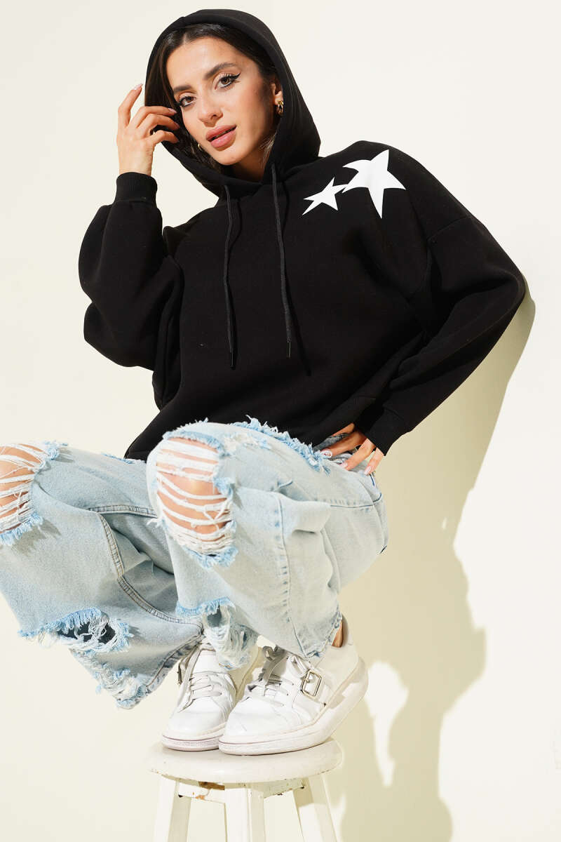 Yıldız Baskılı Kapüşonlu Şardonlu Sweat