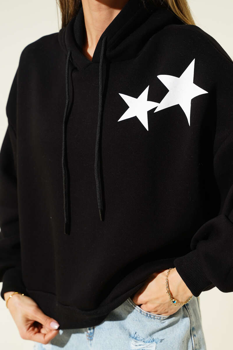Yıldız Baskılı Kapüşonlu Şardonlu Sweat