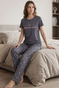 Yıldız Baskılı Kısa Kol Pijama Takımı Gri