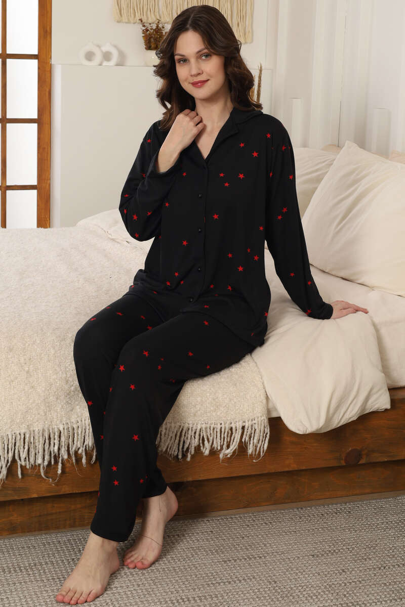 Yıldızlı Kruvaze Yaka Pijama Takımı