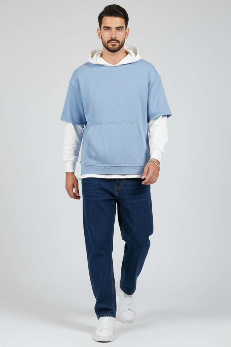 Yıpratmalı Kanguru Cep Erkek Sweatshirt