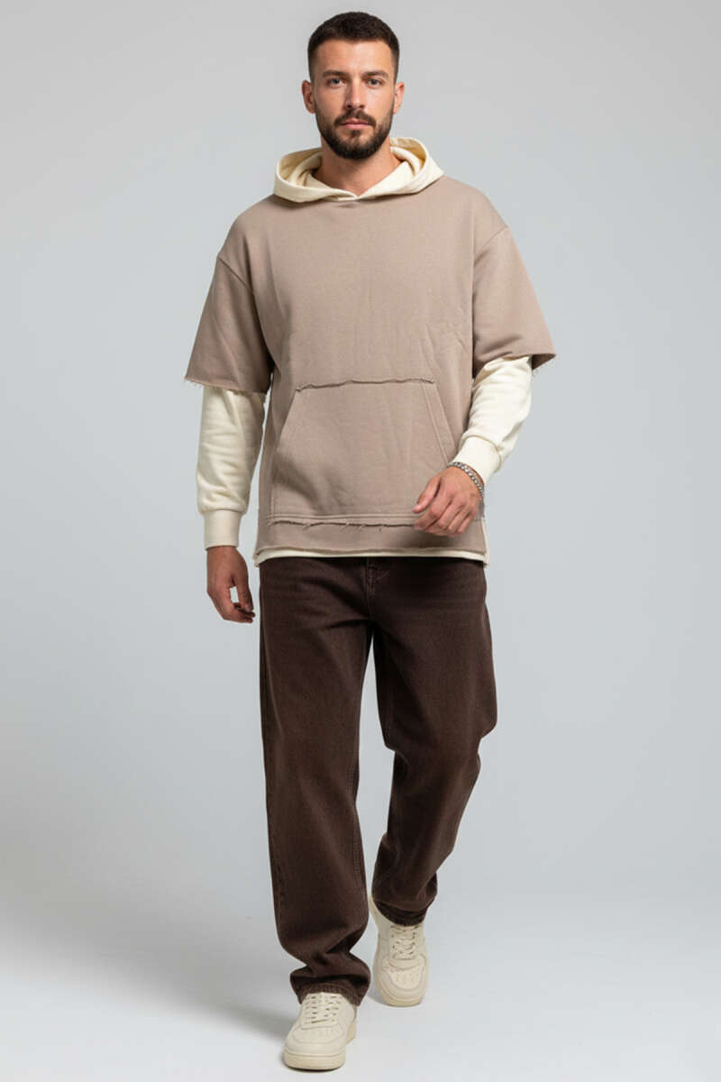 Yıpratmalı Kanguru Cep Erkek Sweatshirt