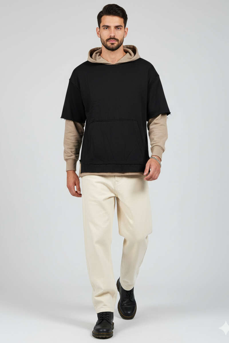 Yıpratmalı Kanguru Cep Erkek Sweatshirt