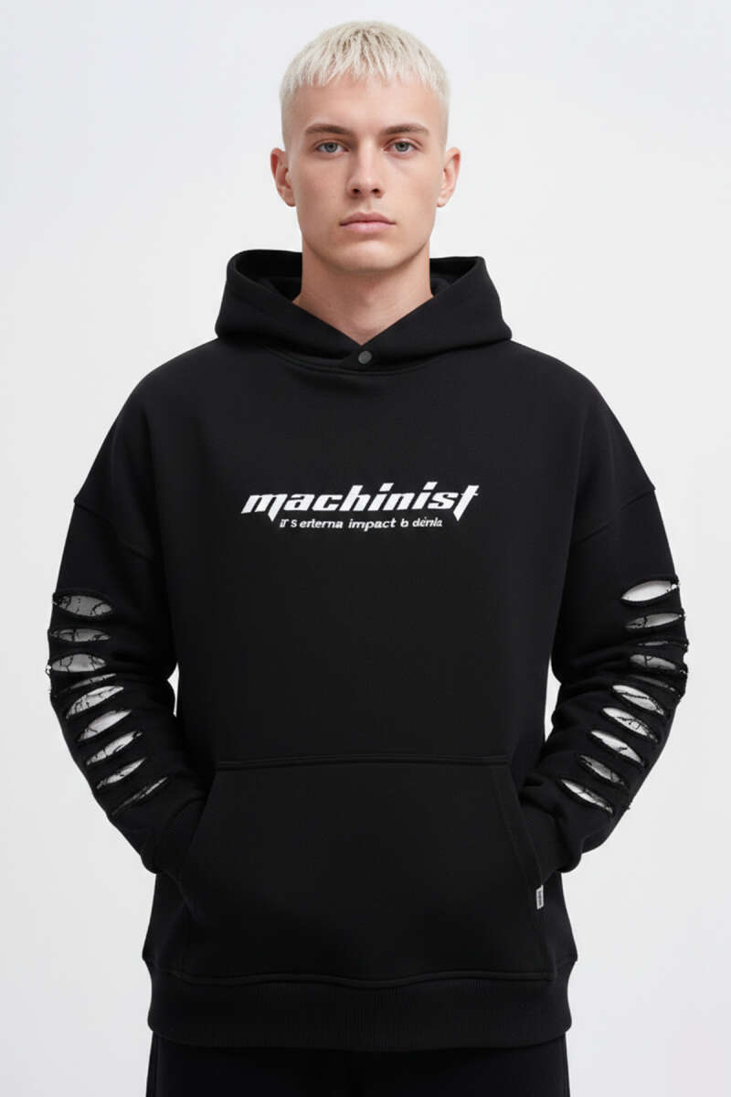 Yırtık Efektli Nakışlı Erkek Sweatshirt Siyah