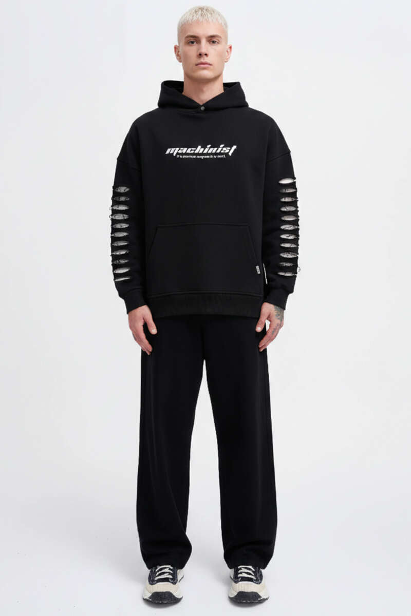 Yırtık Efektli Nakışlı Erkek Sweatshirt Siyah