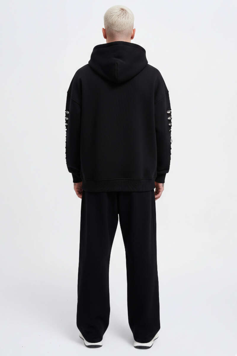 Yırtık Efektli Nakışlı Erkek Sweatshirt Siyah