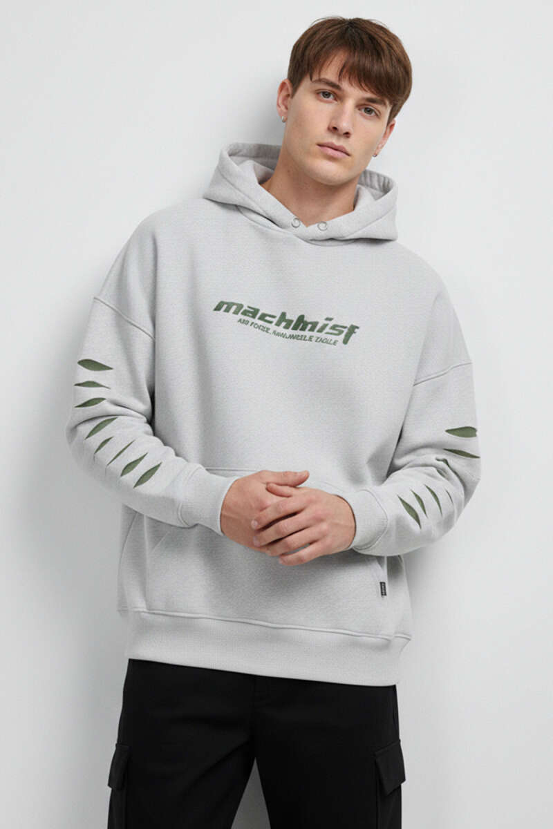 Yırtık Efektli Nakışlı Erkek Sweatshirt