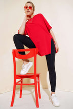 Yırtmaçlı Duble Kol T-shirt Kırmızı