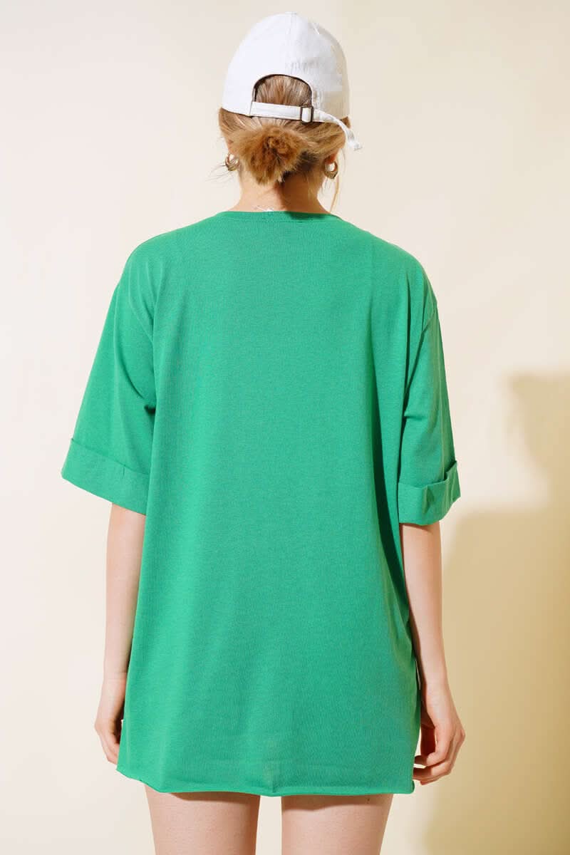 Yırtmaçlı Duble Kol T-shirt Yeşil