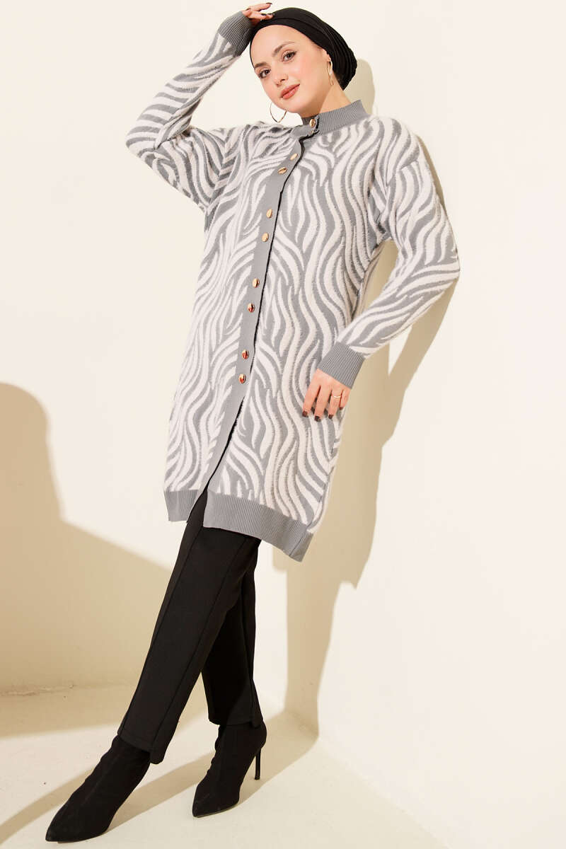 Zebra Desen Angora Detaylı Triko Hırka
