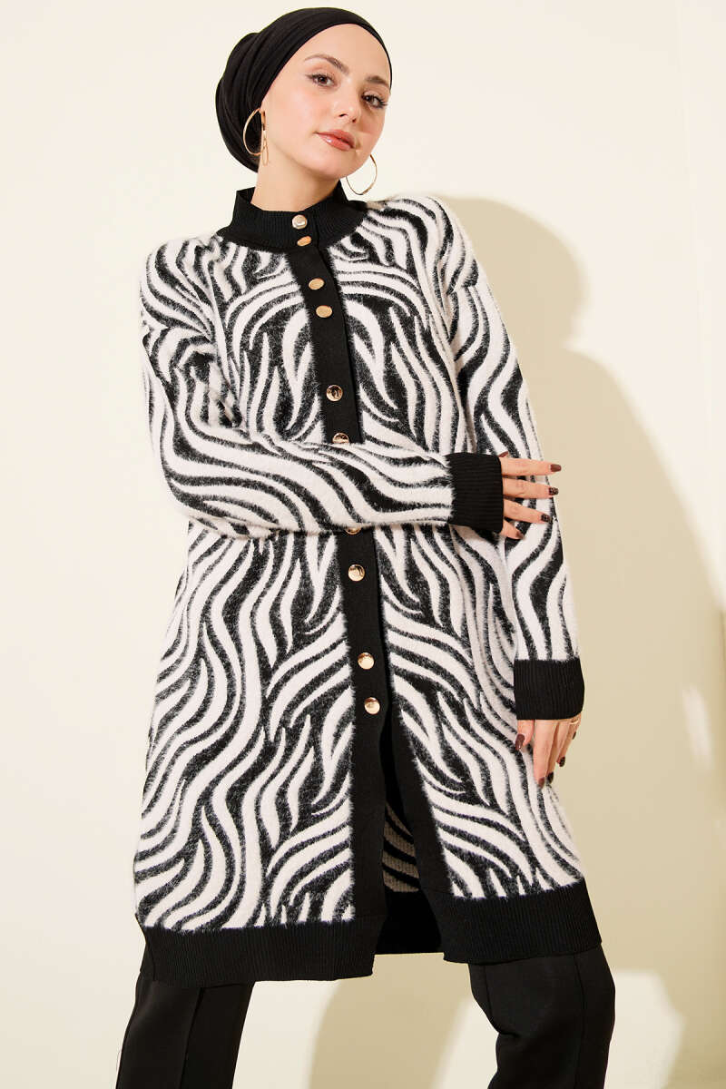 Zebra Desen Angora Detaylı Triko Hırka