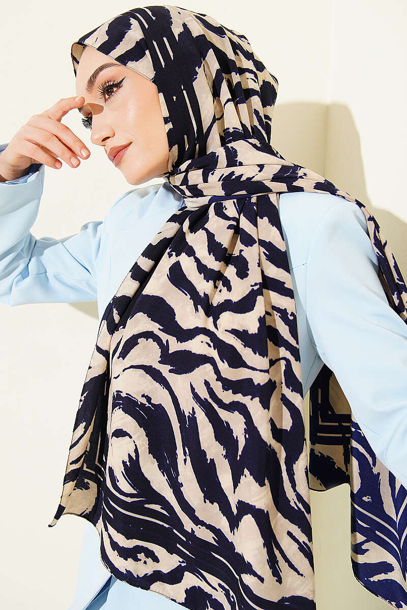 Zebra Desen Medine İpeği Şal Lacivert Bej