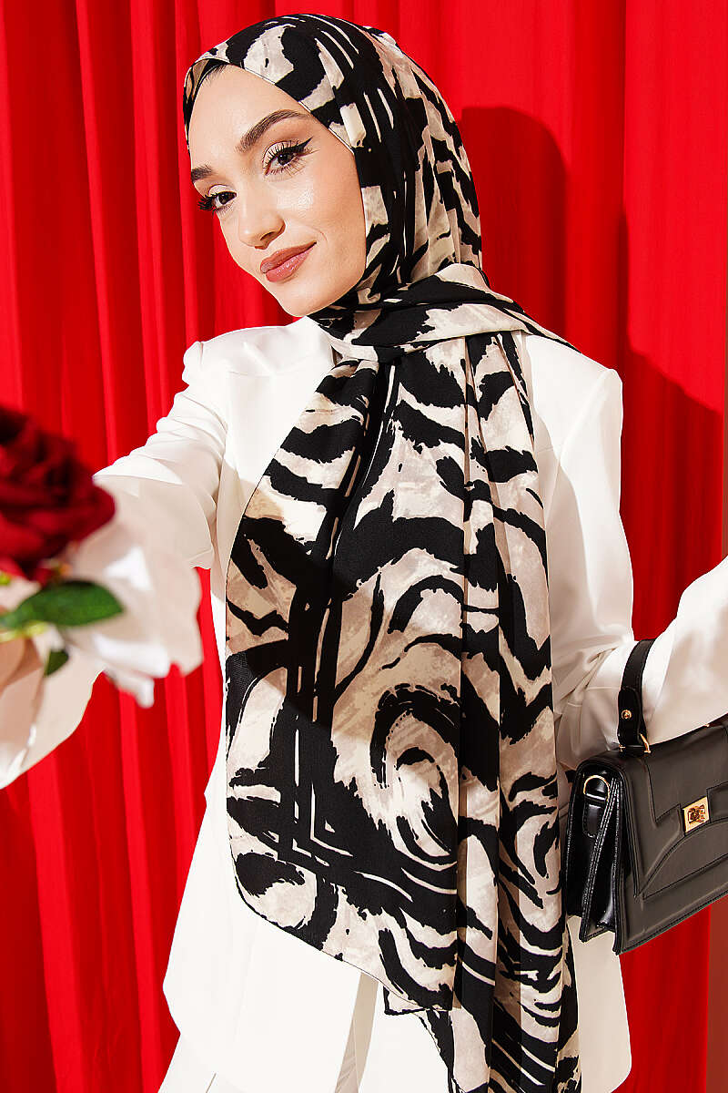 Zebra Desen Medine İpeği Şal Siyah